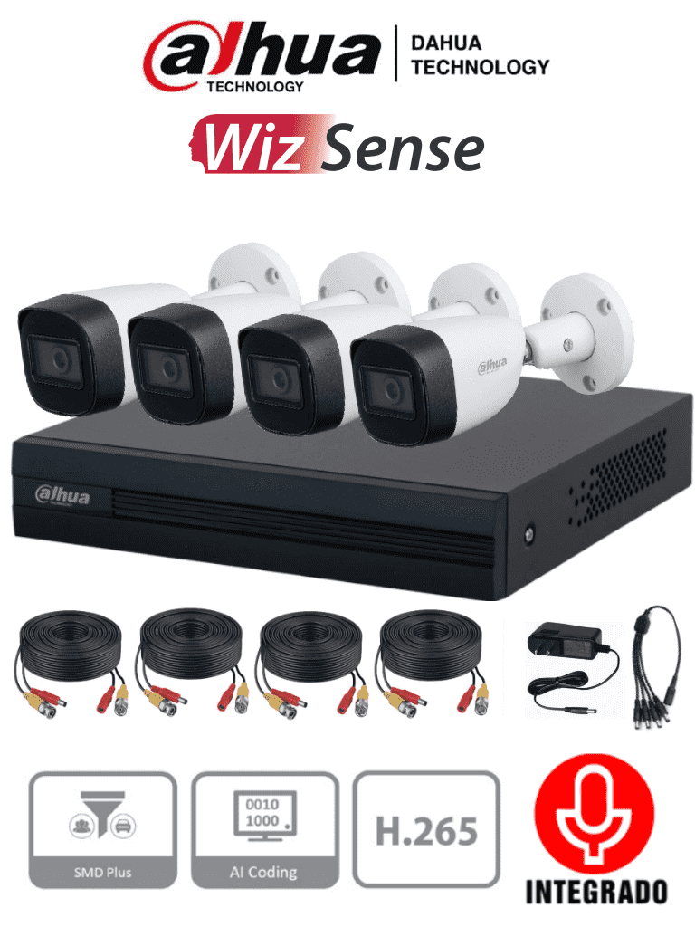 Kit de 4 canales con cámaras de 2MP y audio. Incluye DVR Cooper-I WizSense con IA y H.265+, 4 cámaras metálicas con micrófono integrado, 4 canales más 1 IP o hasta 5 canales IP, 4 canales SMD Plus y accesorios incluidos. (No incluye disco duro)