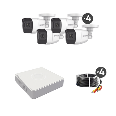 Kit de 4 cámaras de seguridad EPCOM con micrófono integrado TurboHD 1080p Lite / DVR 4 canales / Audio por Coaxitron / 4 Cámaras Bala de Metal. (No incluye disco duro).