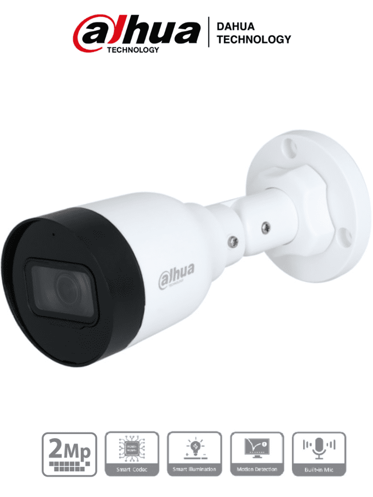 Cámara IP Bullet DAHUA (2 Megapíxeles) Lente de 2.8mm/ 102 Grados de Apertura/ Micrófono Integrado/ H.265+/ IR de 30 Metros/ IP67/ PoE/ DWDR