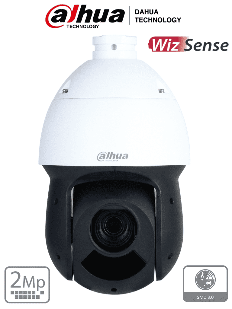 Cámara IP PTZ DAHUA (2 Megapíxeles) / WizSense/ 25x de Zoom Óptico/ IR de 100 Metros/ H.265/ WDR Real de 120 dB/ Protección Perimetral y Face Detection/ SMD Plus/ Ranura para MicroSD/ IP66/ E&S de Alarma y Audio