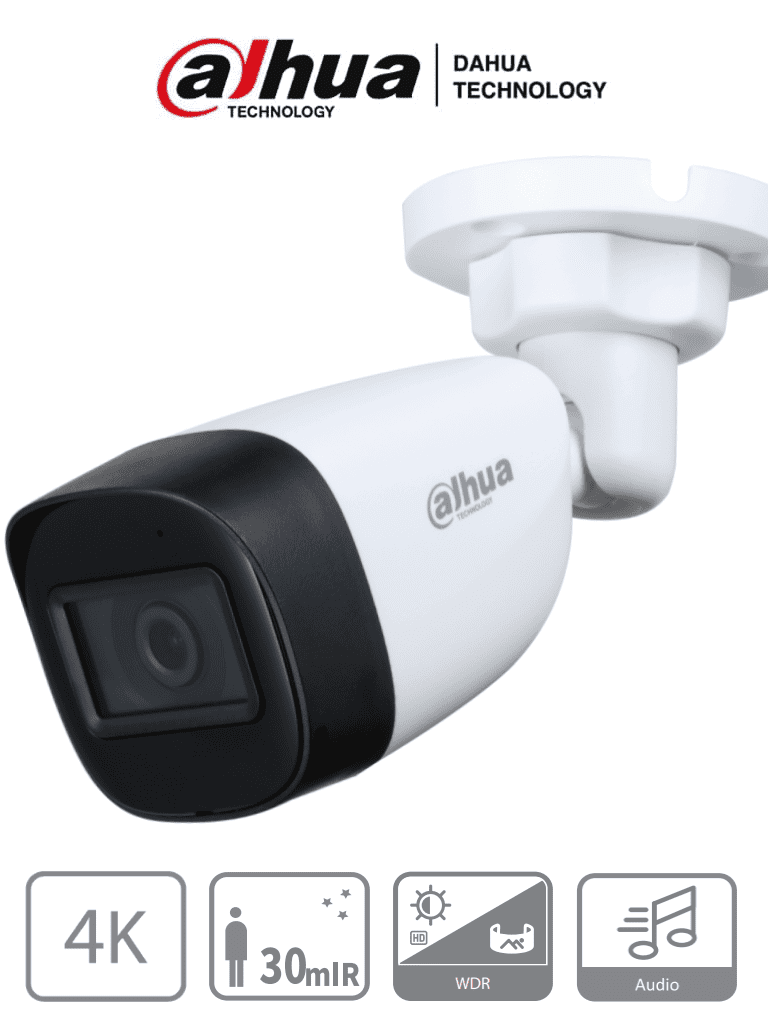 Cámara Bullet DAHUA 4k con Micrófono Integrado (8 Megapíxeles) Lente de 2.8 mm/ 106 Grados de Apertura/ 20 Metros de IR/ WDR Real de 120 dB/ Soporta: CVI/TVI/AHD/CVBS