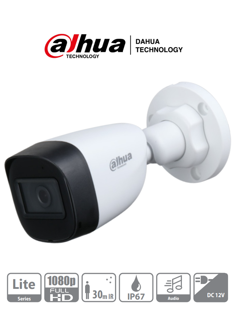 Camara Bullet 1080p DAHUA HAC-HFW1200CN-A/ Micrófono Integrado/ Lente de 2.8mm/ 30 Mts de Ir/ IP67/ Policarbonato/ CVI/CVBS/AHD/TVI/ BLC/HLC/DWDR