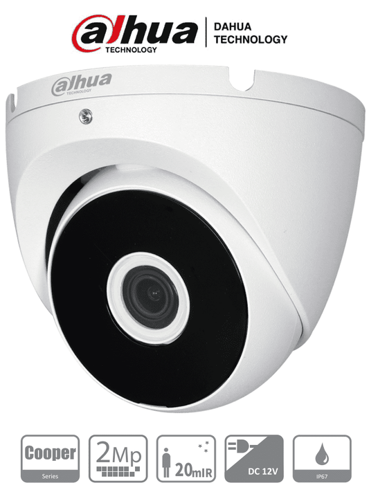 Cámara Domo 2MP Dahua HAC-T2A21N-28 1080p, lente de 2.8mm con ángulo de visión de 100 grados, IR de 20m, carcasa metálica, protección IP67. Compatible con CVI, TVI, AHD, CVBS.