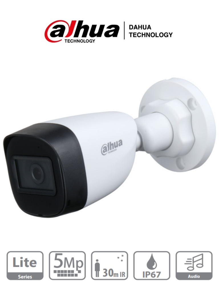 Cámara Bullet DAHUA (5 Megapíxeles) / Micrófono Integrado/ Lente de 2.8mm/ 111 Grados de Apertura/ IR de 30 Mts/ Starlight/ IP67/ CVI/CVBS/AHD/TVI