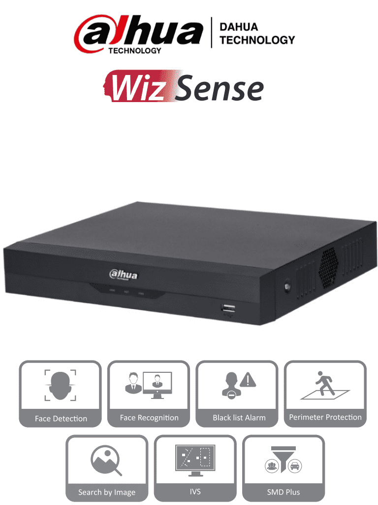 NVR DAHUA (8 Megapíxeles) 4k/ 4 Canales IP/ WizSense/ 4 Puertos Poe/ H265+/ Rendimiento de 80 Mbps/ HDMI y VGA/ 1 Ch de Reconocimiento Facial/ Protección Perimetral/ SMD Plus/ 1 Bahía de Disco Duro de 10 TB