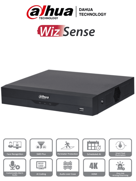 DVR de 4 Canales DAHUA 4k/ WizSense/ H.265+/ 4 Canales HDCVI+4 IP/ Hasta 8 Ch IP/ 1 Ch de Reconocimiento Facial/ Codificación con IA/ SDM Plus/ 1 Ch Protección Perimetral/ 1 SATA de hasta 10TB/ Funciones IoT & POS