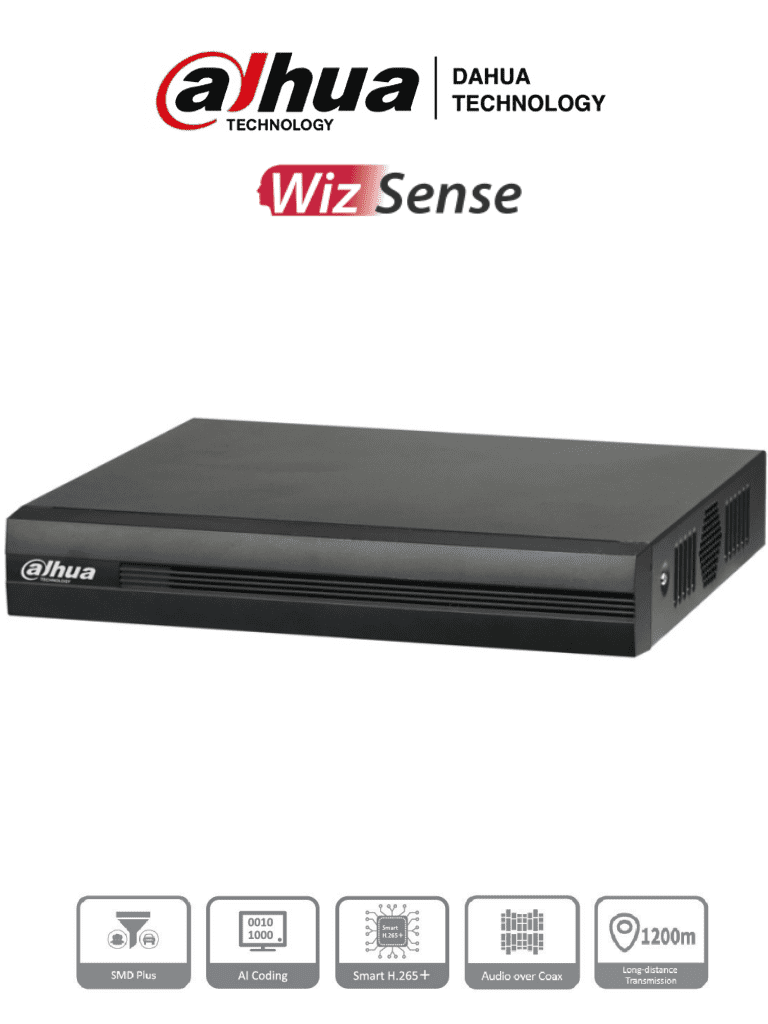 DVR de 16 Canales DAHUA (5 Megapíxeles) Lite/ WizSense/ Cooper-I/ H.265+/ 16 Canales HDCVI +8 IP/ Hasta 24 Canales IP/ SMD Plus/ 1 Sata de Hasta 16 TB/ Soporta CVI/AHD/TVI/ CVBS e IP