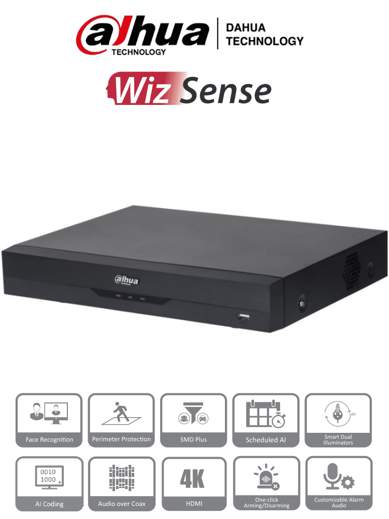 DVR de 16 Canales DAHUA 4k (8 Megapíxeles) / WizSense/ IA/ H.265+/ 16 Canales + 16 IP/ Hasta 32 Ch IP/ 2 Canales de Reconocimiento Facial/ SDM Plus/ Codificación con IA/ 1 Bahía de Disco Duro/ Funciones IoT & POS