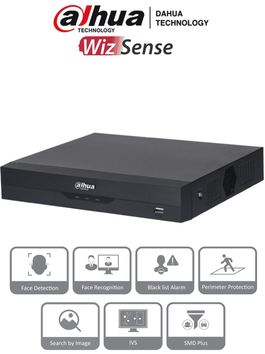 NVR de (8 Megapíxeles) DAHUA 4k/ 16 Canales IP/ WizSense/ Con IA/ Rendimiento de 144 Mbps/ Smart H.265+/ 1 Ch de Reconocimiento Facial o 1 Canal de Protección Perimetral o 4 Canales de SMD