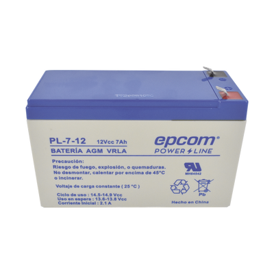 Batería 12 Vcc EPCOM POWERLINE/ 7 Ah / UL / Tecnología AGM-VRLA / Para uso en equipo electrónico Alarmas de intrusión / Incendio/ Control de acceso / Video Vigilancia / Terminales F1 / Cargador recomendado CHR-80.