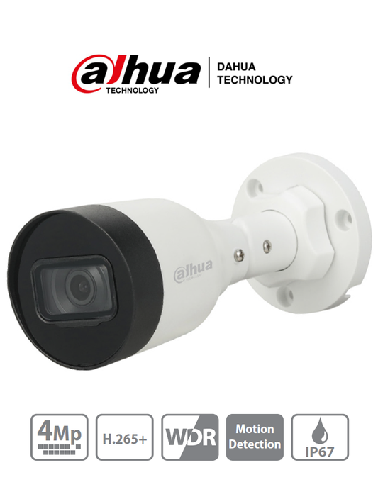 Cámara IP Bullet DAHUA IPC (4 Megapíxeles) / H.265+/ Lente de 2.8mm/ 93 Grados de Apertura/ IR de 30 Metros/ 30 FPS/ WDR/ IP67