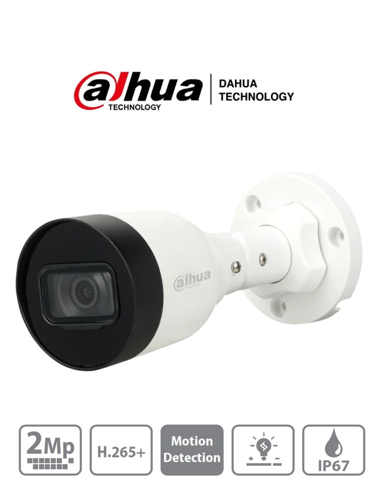 Cámara IP Bullet DAHUA (2 MP) / H.265+/ 20 Fps/ Lente de 2.8mm/ Angulo de 104/ IR DE 30 Mts/ IP67/ PoE/ DWDR/ HLC